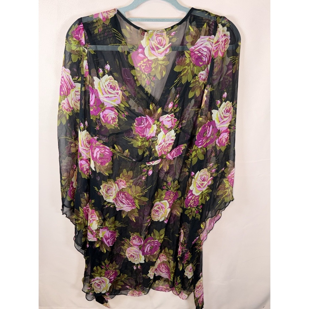 Vintage Betsey Johnson Dress 4 Black Pink Floral Sheer LS Ruffle Mini/need Slip - Picture 5 of 6
